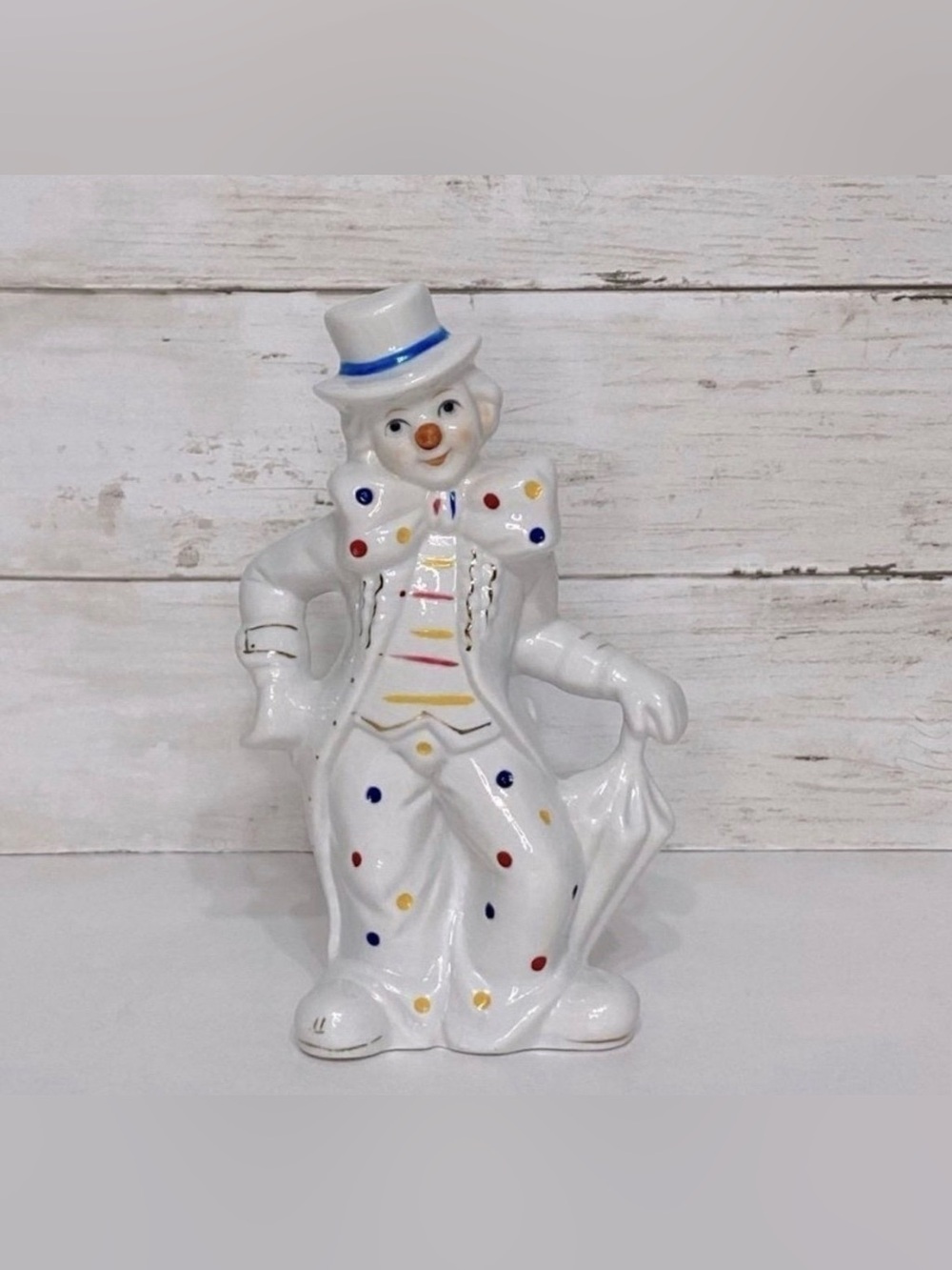 Vintage Porcelain Polka Dot Clown Statuette 7 5/8” Tall